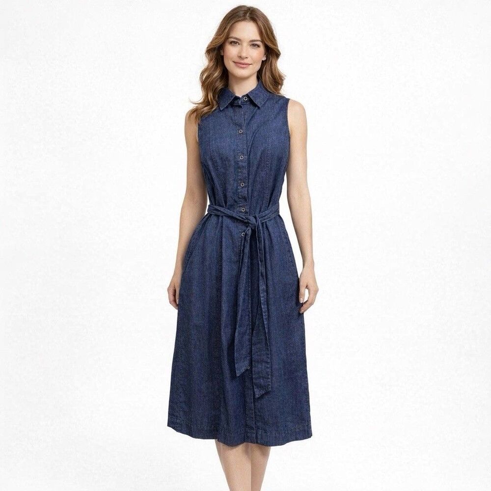 Anne Klein Blue Sleeveless  A-Line Dress Button Front Tie Jean Chambray Pockets